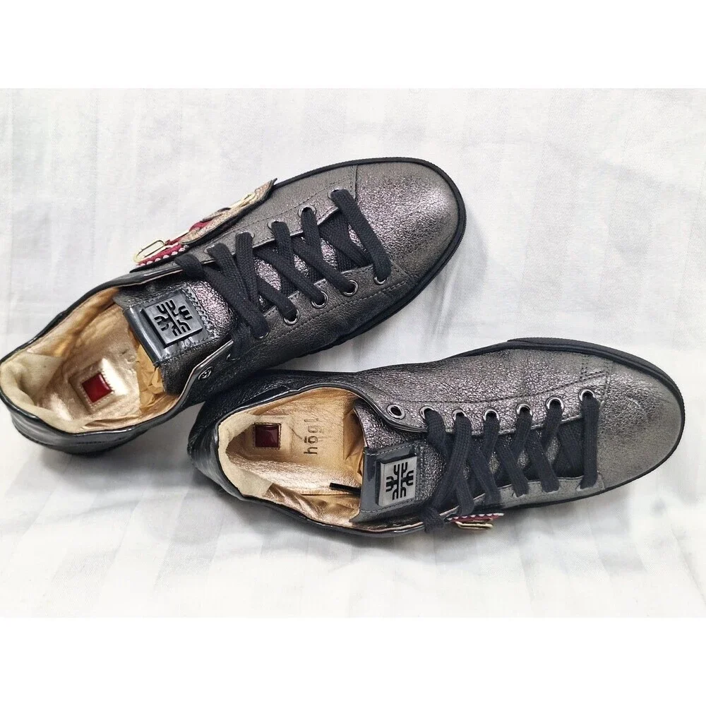 Hogl‎ Womens Metallic Pewter Leather Heart Safety Pin Sneakers Size 5.5